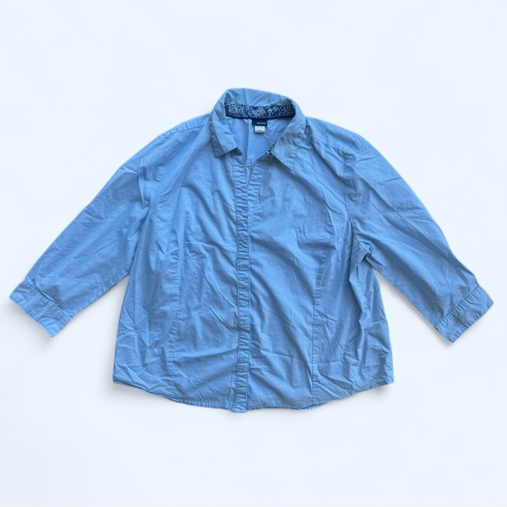 Basic Editions 3/4 Sleeve Button Down Top in Blue Size XXL